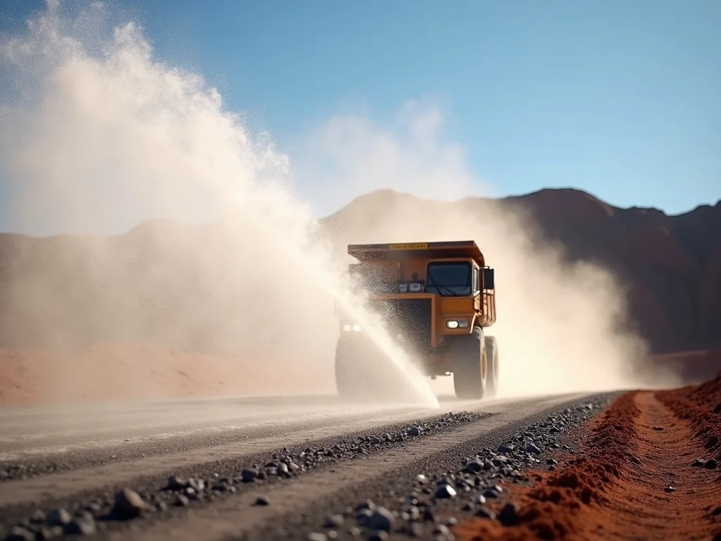Water spray suppressing dust at an industrial mining site